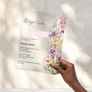 Invitations En Acrylique Fleurs roses croix fille claire Baptême