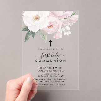 Invitations En Acrylique Fleurs roses et blanches première communion