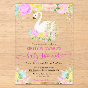 Invitations En Acrylique Fleurs roses et jaunes à l'aquarelle Cygne Baby Sh