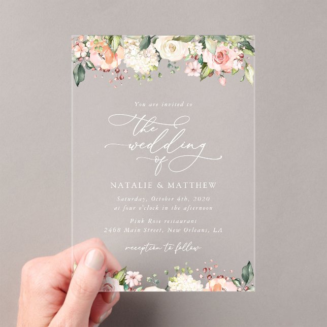 Invitations En Acrylique Fleurs roses, Fleurs blanches, Verdure, Mariage (In situ (ordinateur de poche))