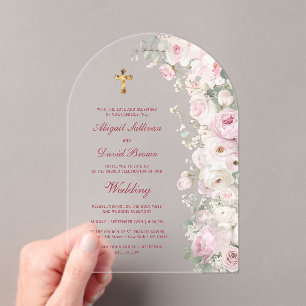 Invitations En Acrylique Fleurs Roses Pâles Arche Mariage Religieux