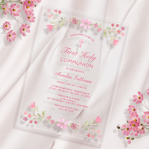 Invitations En Acrylique Fleurs roses Première communion claire