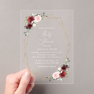 Invitations En Acrylique Fleurs Rouges Bourgogne, Fleurs Roses, Baby shower