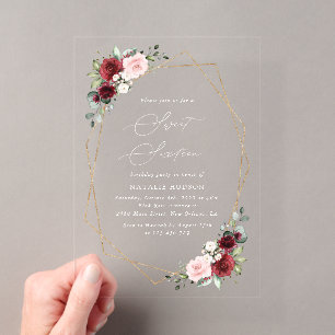 Invitations En Acrylique Fleurs rouges de Bourgogne, fleurs roses, Sweet 16