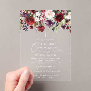 Invitations En Acrylique Fleurs rouges, fleurs roses, première sainte commu