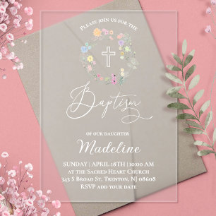 Invitations En Acrylique fleurs sauvages   Bapteme petite fille