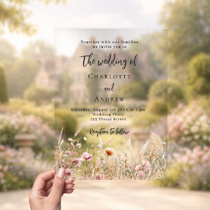 Invitations En Acrylique Fleurs sauvages beige crème rose mariage clair