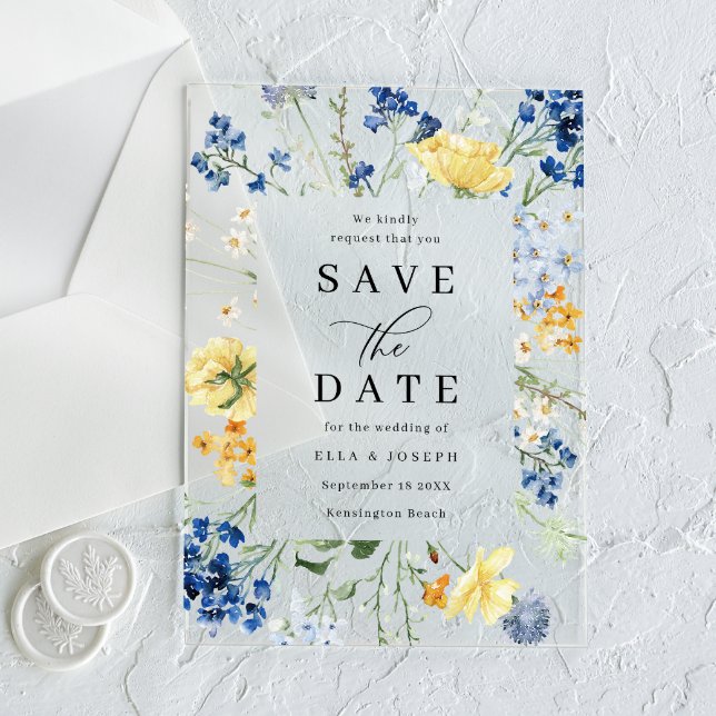 Invitations En Acrylique Fleurs sauvages bleues et jaunes Mariage Enregistr (Créateur téléchargé)