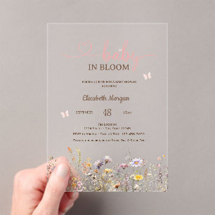 Invitations En Acrylique Fleurs Sauvages Chic Rose Bébé en Fleur Baby Showe