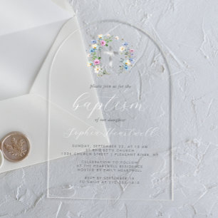 Invitations En Acrylique Fleurs sauvages Croix argentée Baptême écriture bl