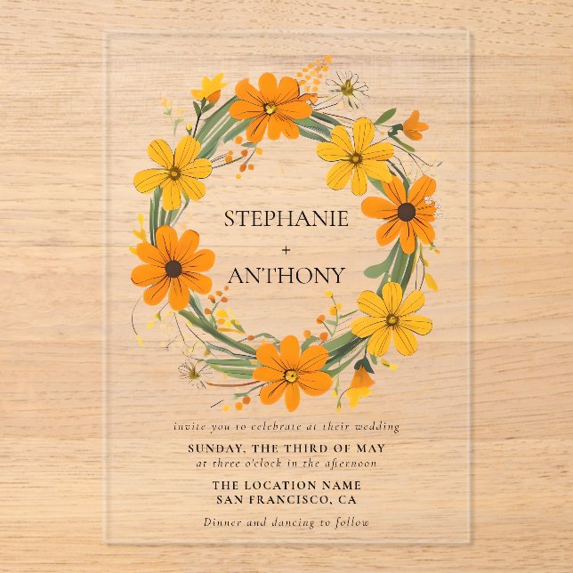 Invitations En Acrylique Fleurs sauvages orange et jaune Mariage de couronn (Recto)