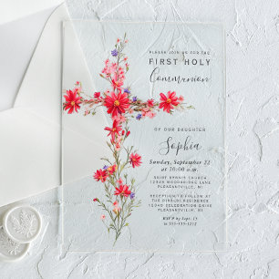 Invitations En Acrylique Fleurs sauvages rouges Croix florale Première comm