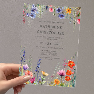 Invitations En Acrylique Fleurs Sauvages Vibrantes Mariage Élégant Clair