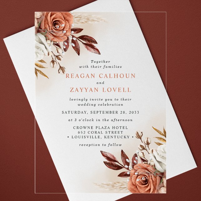 Invitations En Acrylique Fleurs Terracotta Rustiques et Mariage au Herbe de (Créateur téléchargé)