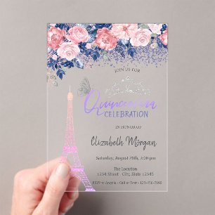Invitations En Acrylique Fleurs, Tour Eiffel Papillon Ombre Quinceanera 