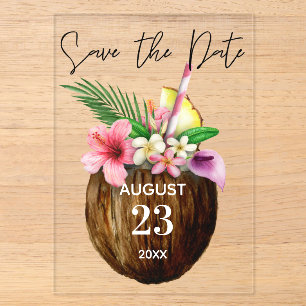 Invitations En Acrylique Fleurs Tropicales Hawaïennes et Coco Faire Part de