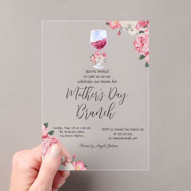 Invitations En Acrylique Fleurs Vins Verre Mère Fête Brunch (In situ (ordinateur de poche))