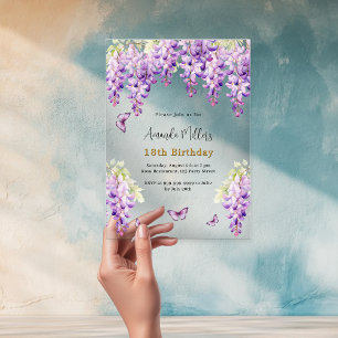 Invitations En Acrylique Fleurs violettes de glycine, nœud papillon en form