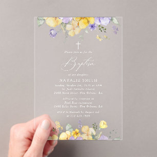 Invitations En Acrylique Fleurs violettes, Fleurs jaunes, Bohème, Baptême