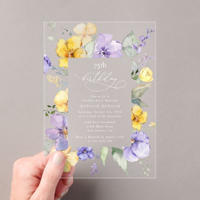 Invitations En Acrylique Fleurs violettes, Fleurs Jaunes, Boho, Anniversair (In situ (ordinateur de poche))