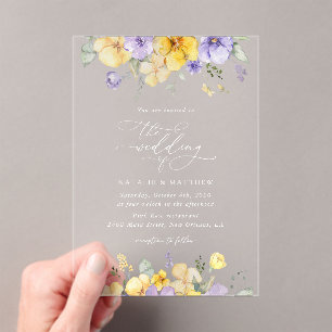 Invitations En Acrylique Fleurs violettes, Fleurs jaunes, Verdure, Mariage