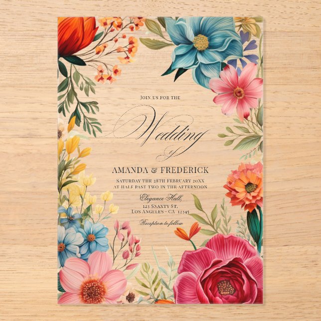 Invitations En Acrylique Fleurs vives Fiesta mexicaine Mariage transparent (Recto)