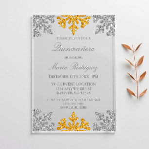 Invitations En Acrylique Flocon de neige d'argent et d'or Quinceanera d'hiv