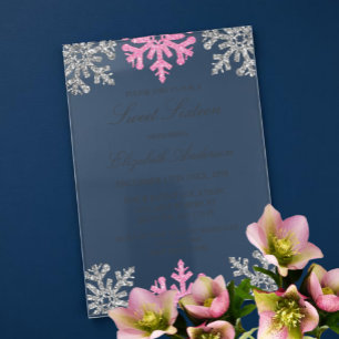 Invitations En Acrylique Flocon de neige rose argent Sweet hiver 16