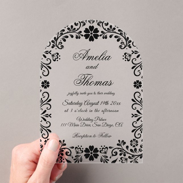 Invitations En Acrylique Floral Black Elegant Wedding (In situ (ordinateur de poche))