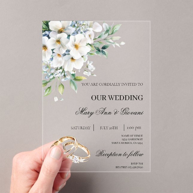 Invitations En Acrylique Floral blanc avec anneau d'or Mariage (In situ (ordinateur de poche))