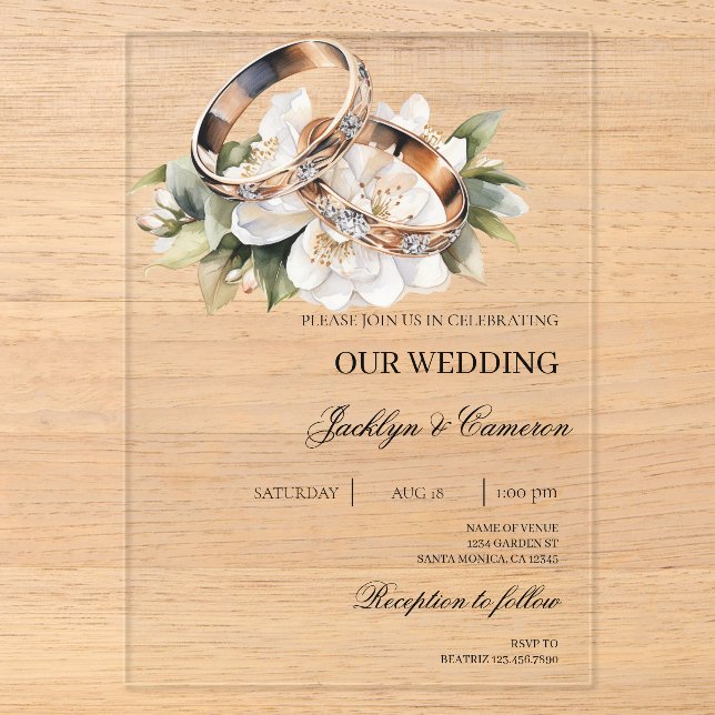 Invitations En Acrylique Floral blanc avec Mariage anneau (Recto)
