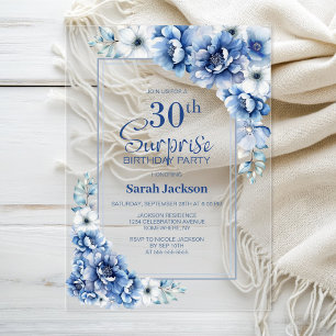 Invitations En Acrylique Floral bleu moderne Surprise 30ème anniversaire