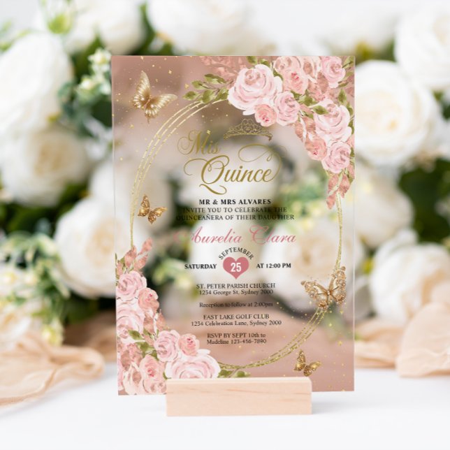 Invitations En Acrylique Floral Blush Rose Or Tiara Butterfly Quinceañera (Créateur téléchargé)