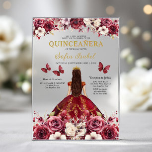 Invitations En Acrylique Floral Burgundy Butterfly Princess Quinceanera