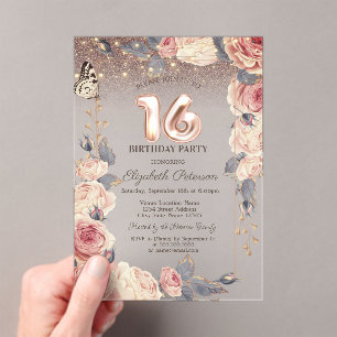 Invitations En Acrylique Floral de luxe, Papillon, Lumières 16ème anniversa