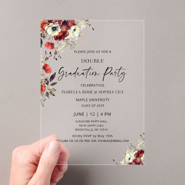 Invitations En Acrylique Floral Double Graduation Party Twin Graduation (In situ (ordinateur de poche))