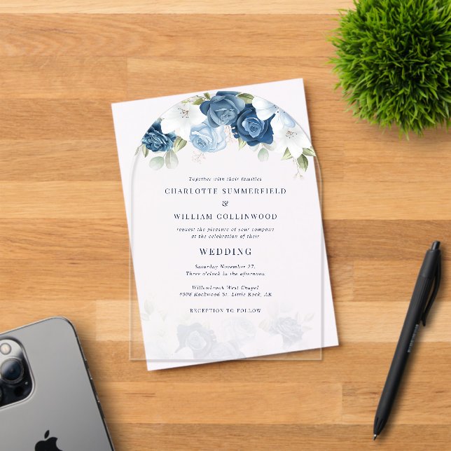 Invitations En Acrylique Floral Dusty Mariage botanique bleu (Insitu (Carte d'invitation))
