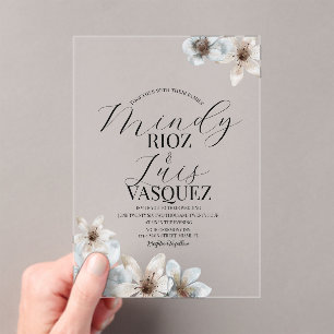Invitations En Acrylique Floral Magnolia Aquarelle Mariage Script noir