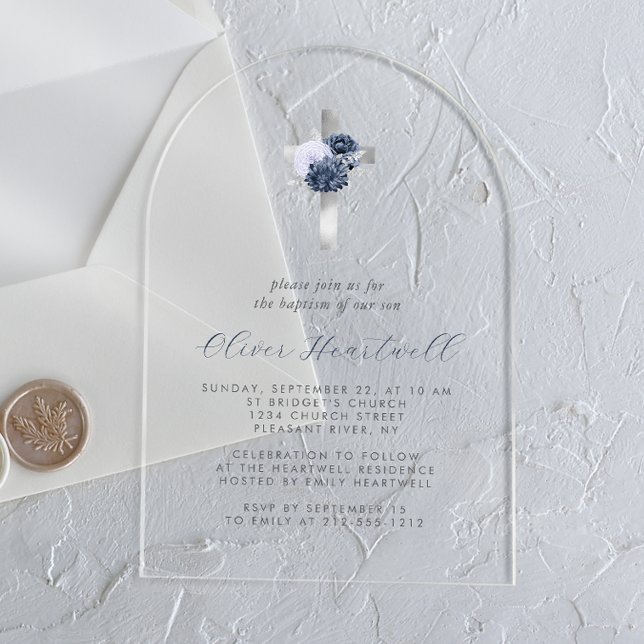 Invitations En Acrylique Floral Navy Dusty Blue Silver Cross Boys Baptême (Créateur téléchargé)