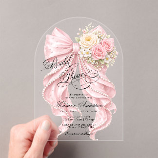 Invitations En Acrylique Floral Pink Bow Elegant Bridal Shower