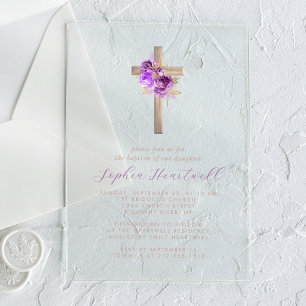 Invitations En Acrylique Floral Purple Or Roses Croix Fille Baptême