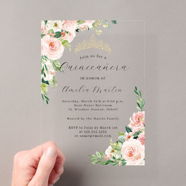 Invitations En Acrylique Floral rose clair acrylique Floral Quinceanera (In situ (ordinateur de poche))