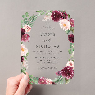 Invitations En Acrylique Floral rose et bourgogne 7 Mariage