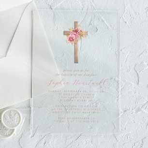 Invitations En Acrylique Floral rose or Roses Croix fille Baptême