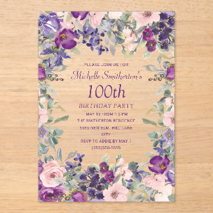 Invitations En Acrylique Floral rose violet 100e anniversaire