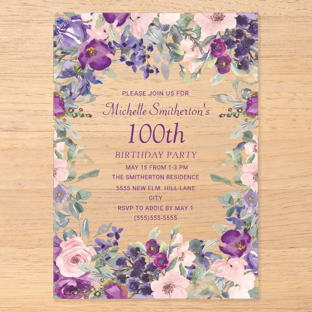 Invitations En Acrylique Floral rose violet 100e anniversaire (Recto)