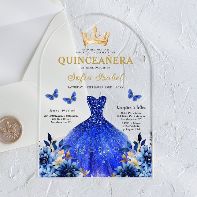 Invitations En Acrylique Floral Royal Blue Butterfly Princess Quinceanera (Créateur téléchargé)