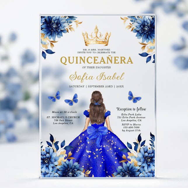 Invitations En Acrylique Floral Royal Blue Butterfly Princess Quinceanera (Créateur téléchargé)