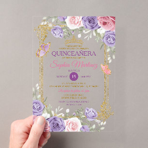 Invitations En Acrylique Floral Violet Et Rose Couronne fille Quinceañera