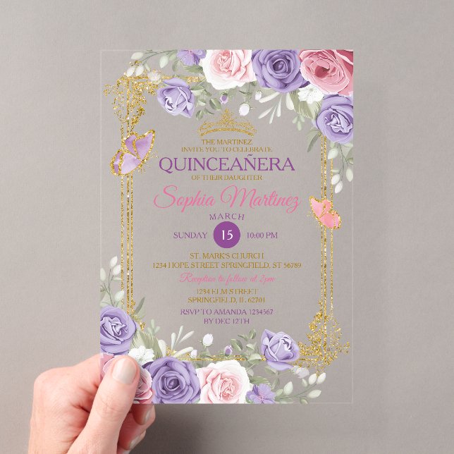 Invitations En Acrylique Floral Violet Et Rose Couronne fille Quinceañera (In situ (ordinateur de poche))